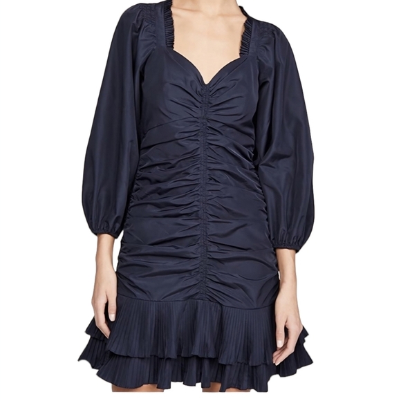 $358 Parker Theia Runched Tie Back Midnight Mini Ruffle Dress Size 4 - Picture 1 of 10